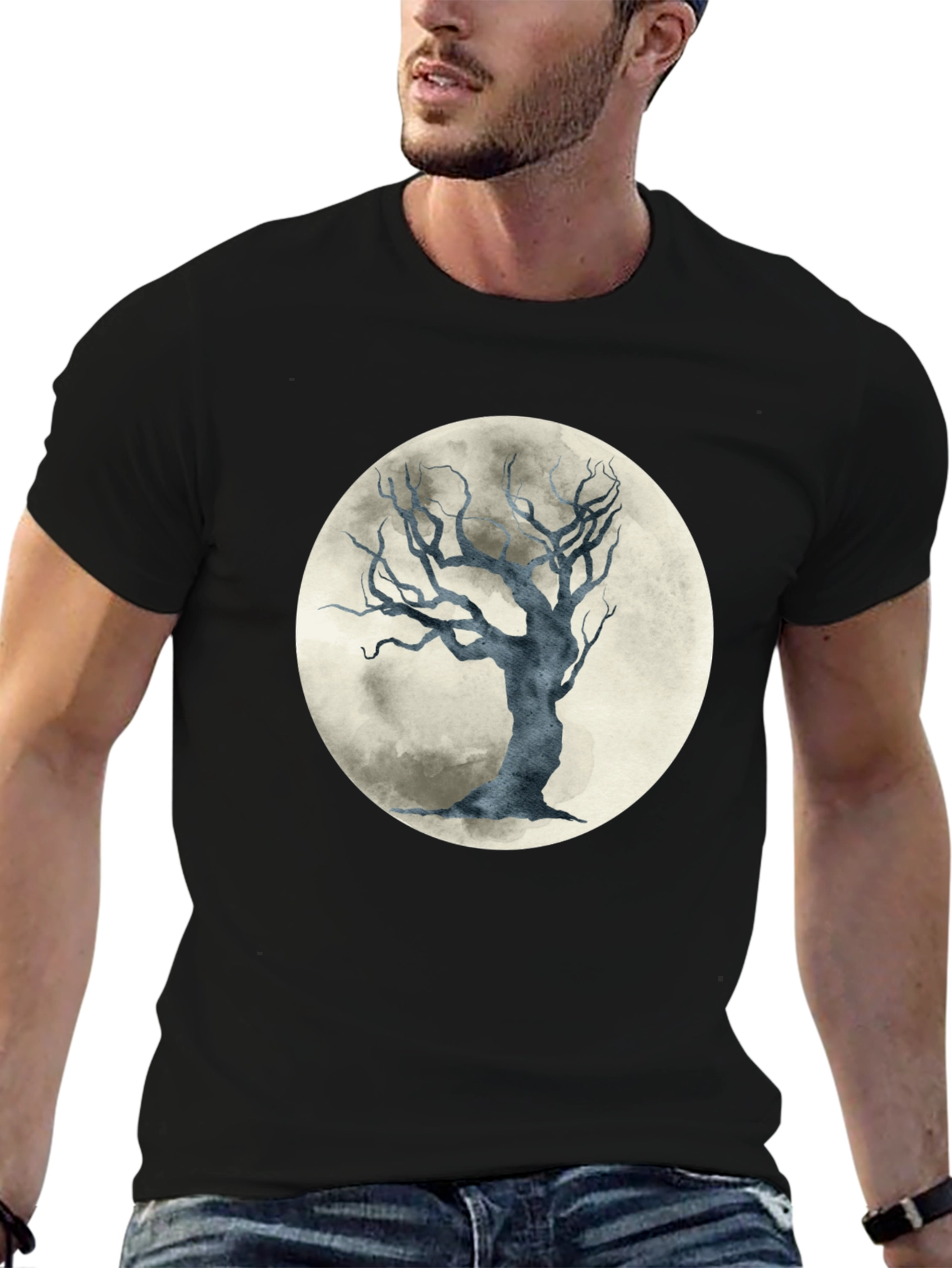 Moonlit Tree Graphic Tee - Stylish Black Cotton T-Shirt