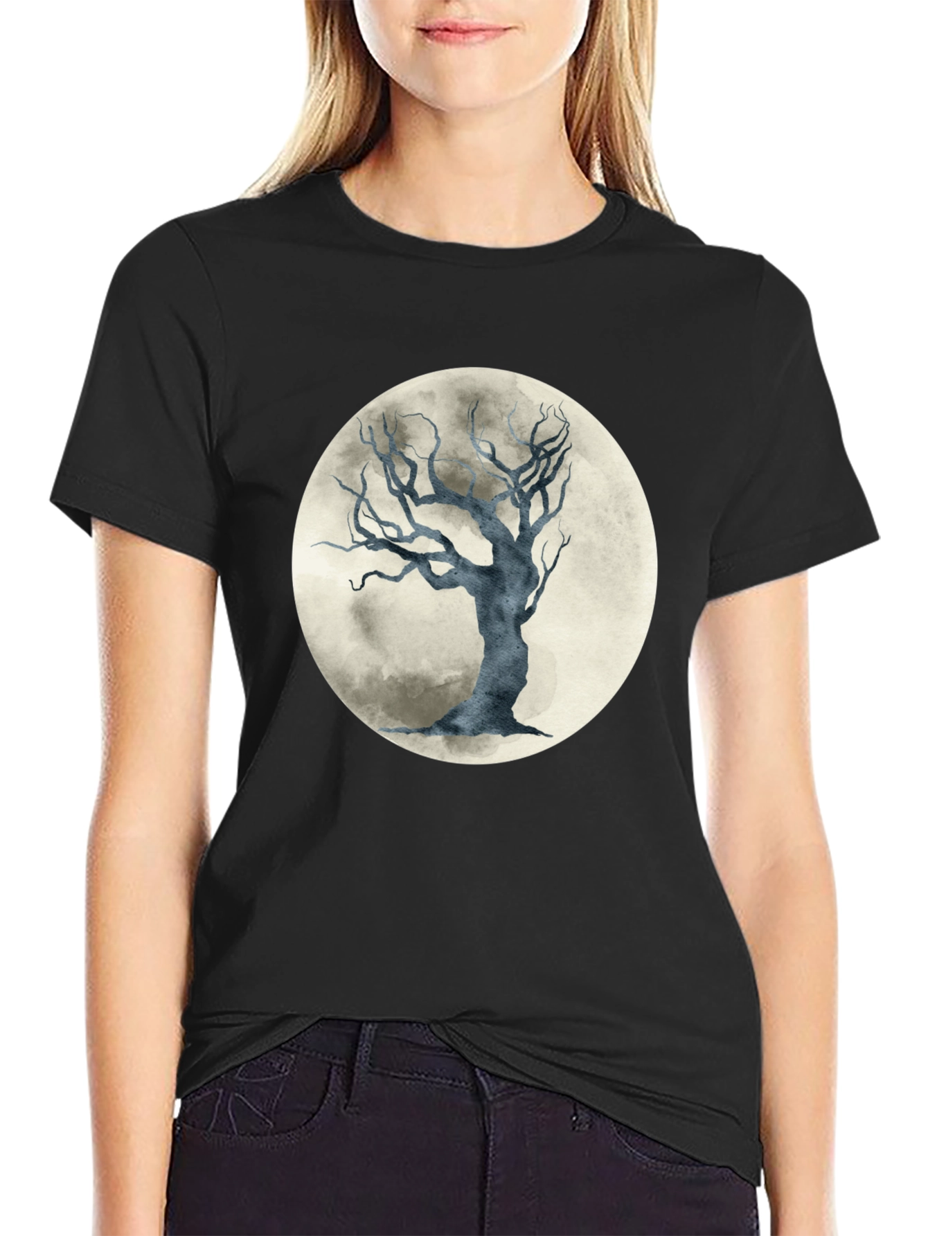 Moonlit Tree Graphic Tee - Stylish Black Cotton T-Shirt