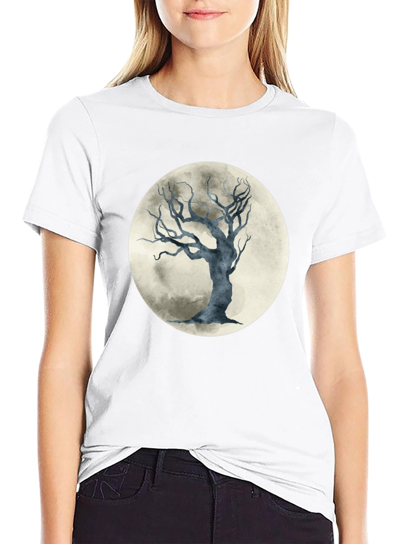 Moonlit Tree Graphic Tee - Stylish Black Cotton T-Shirt