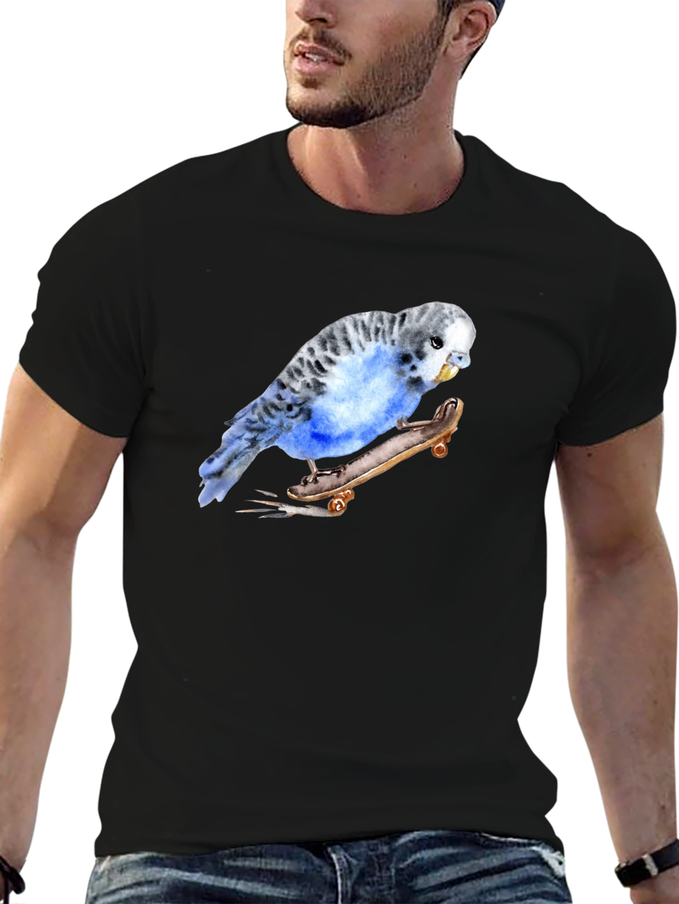 Parakeet Skateboard Graphic Tee - Unique Bird Lover Design