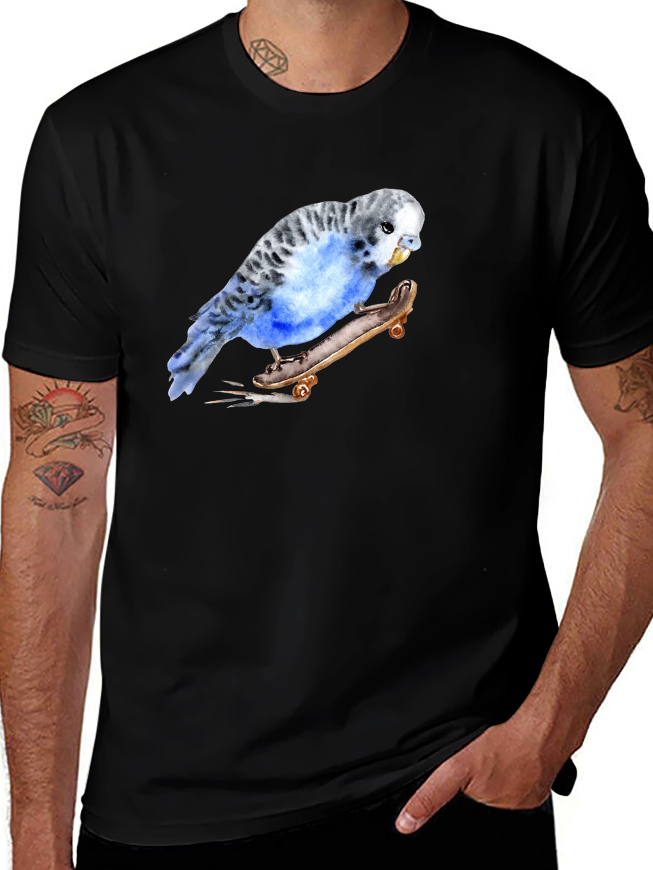 Parakeet Skateboard Graphic Tee - Unique Bird Lover Design