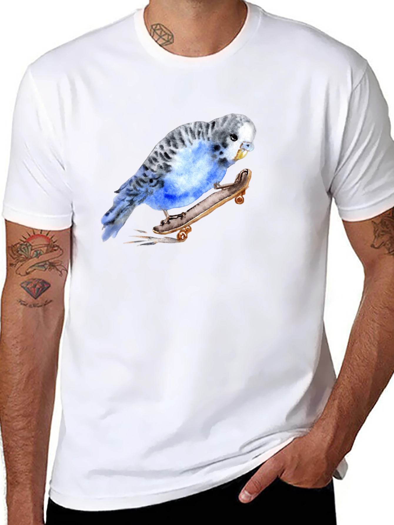 Parakeet Skateboard Graphic Tee - Unique Bird Lover Design